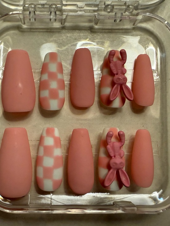 Other - Pink Checkered and Bunny Press-On Nails